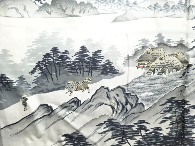 JAPANESE KIMONO / ANTIQUE MENS HAORI / SILK / TSUMUGI / SCENERY (lining)